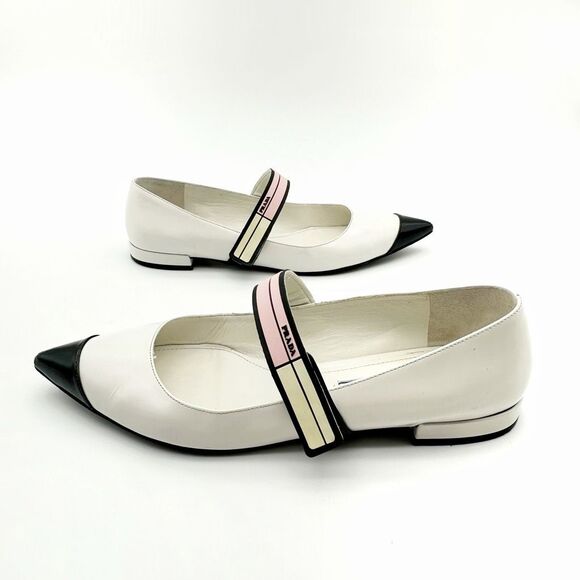 PRADA Mary Jane Cap Pointed Toe Ballet Flats Size 37 US 6.5 White Black Pink - Picture 7 of 10